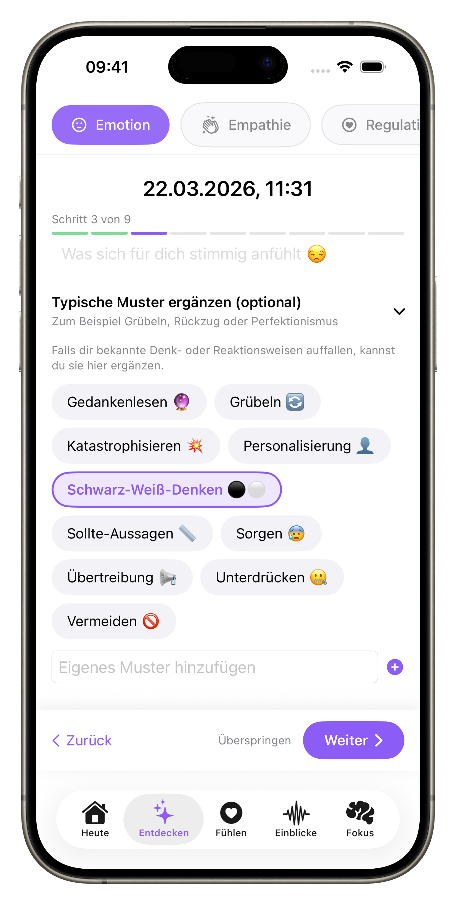 Emplore screenshot showing thought patterns and emotional connections