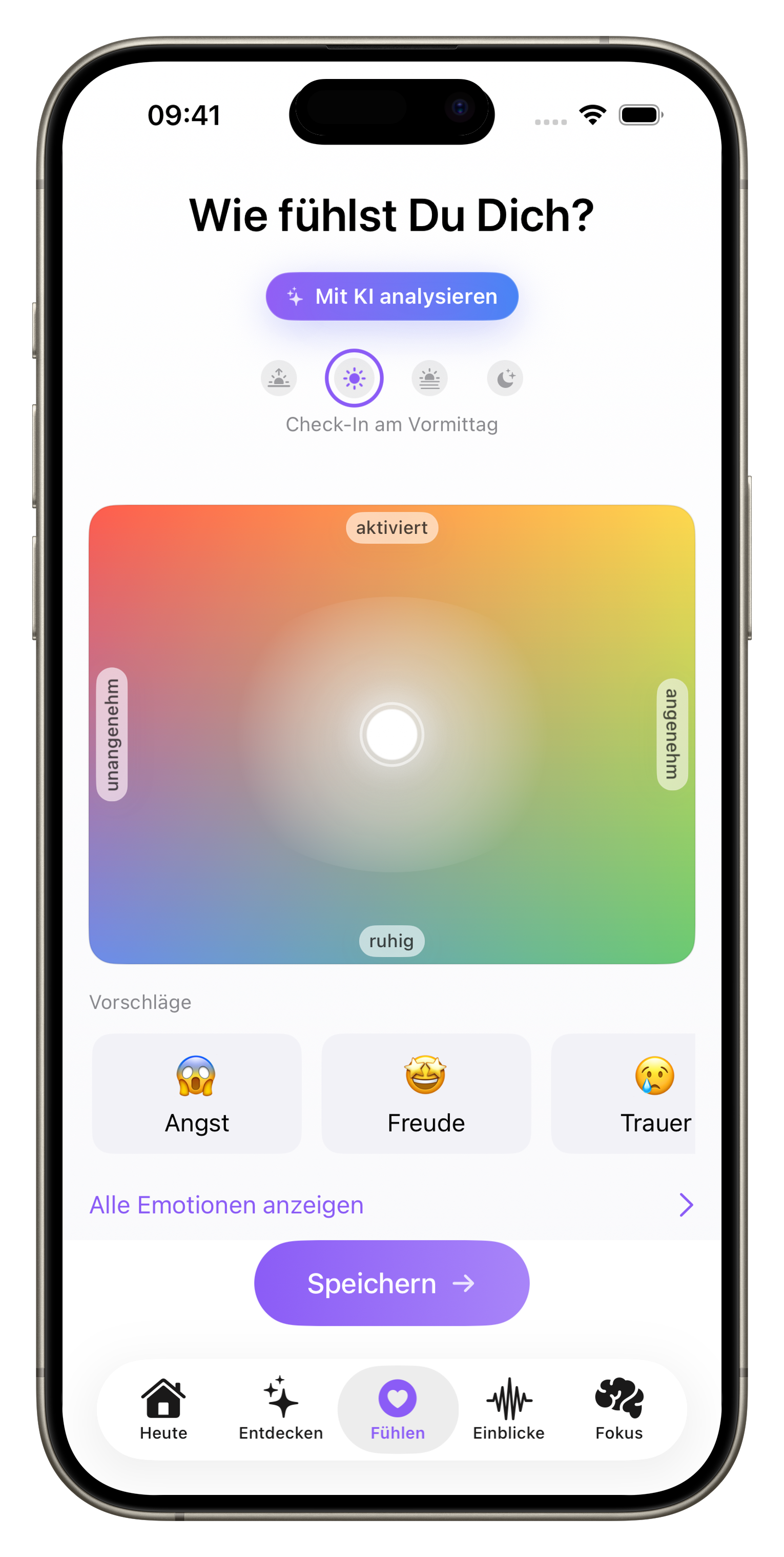 Screenshot of the Emplore iPhone app for logging a feeling and starting emotion analysis